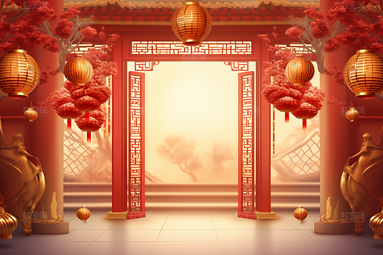 中式传统门楼火热喜庆背景图