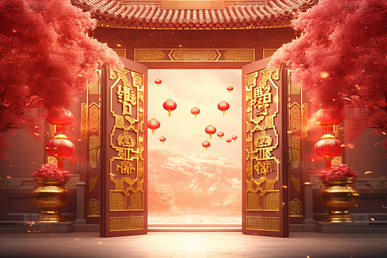 中式传统门楼热卖开业背景图