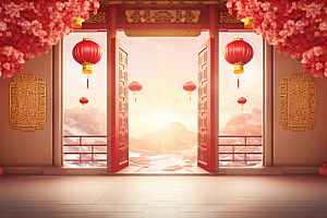 中式传统门楼开业直播背景图