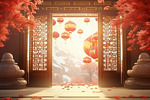 中式传统门楼喜庆开门红背景图