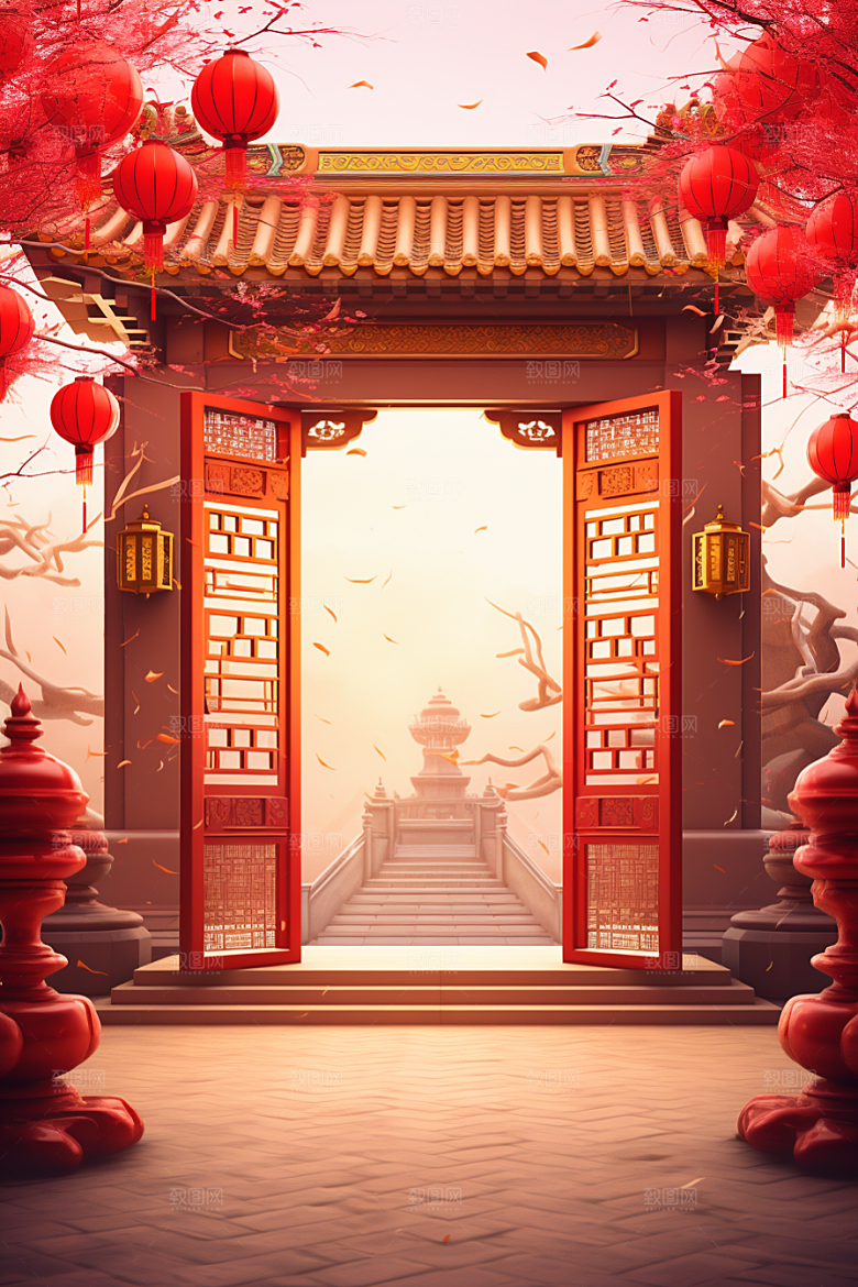 中式传统门楼直播促销背景图