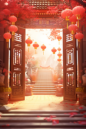 中式传统门楼开门红中国风背景图