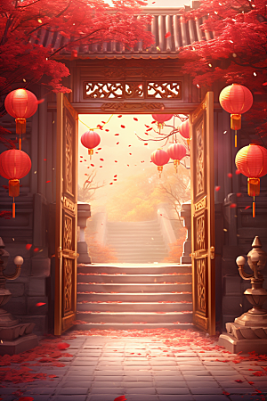 中式传统门楼国潮直播背景图
