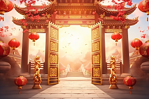 中式传统门楼直播国潮背景图