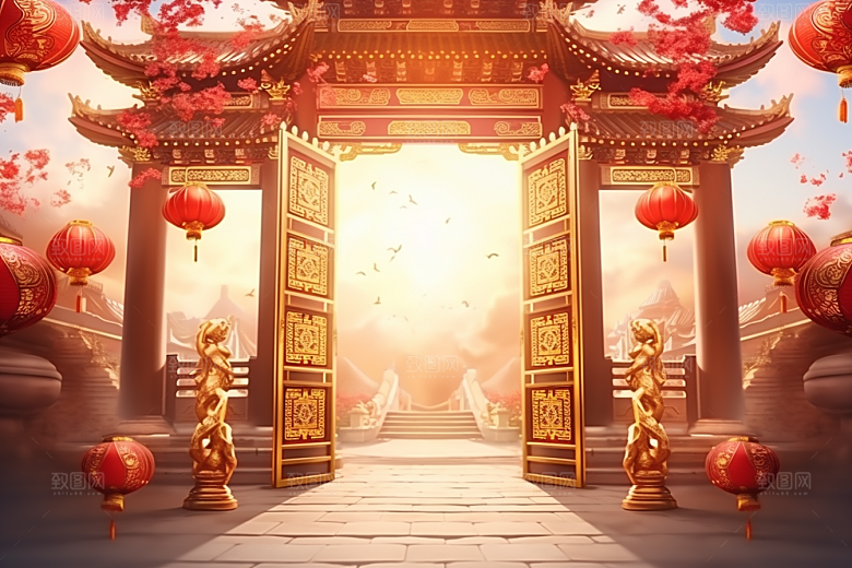 中式传统门楼直播国潮背景图