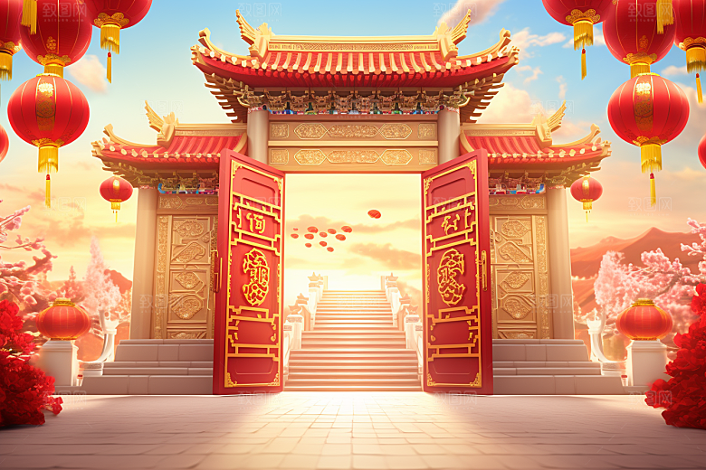 中式传统门楼国潮促销背景图