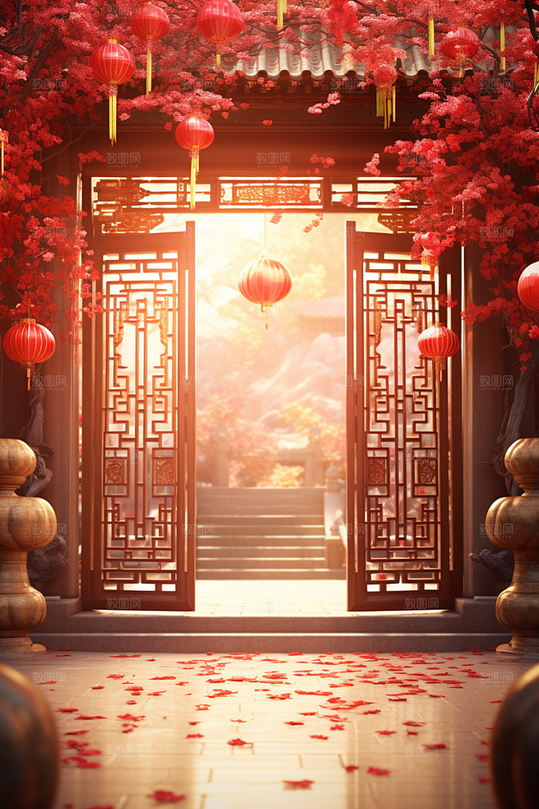 中式传统门楼开业开门红背景图