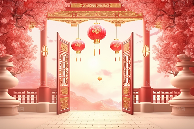 中式传统门楼直播火热背景图