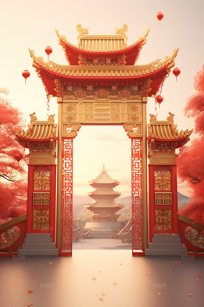 中式传统门楼开业大吉促销背景图
