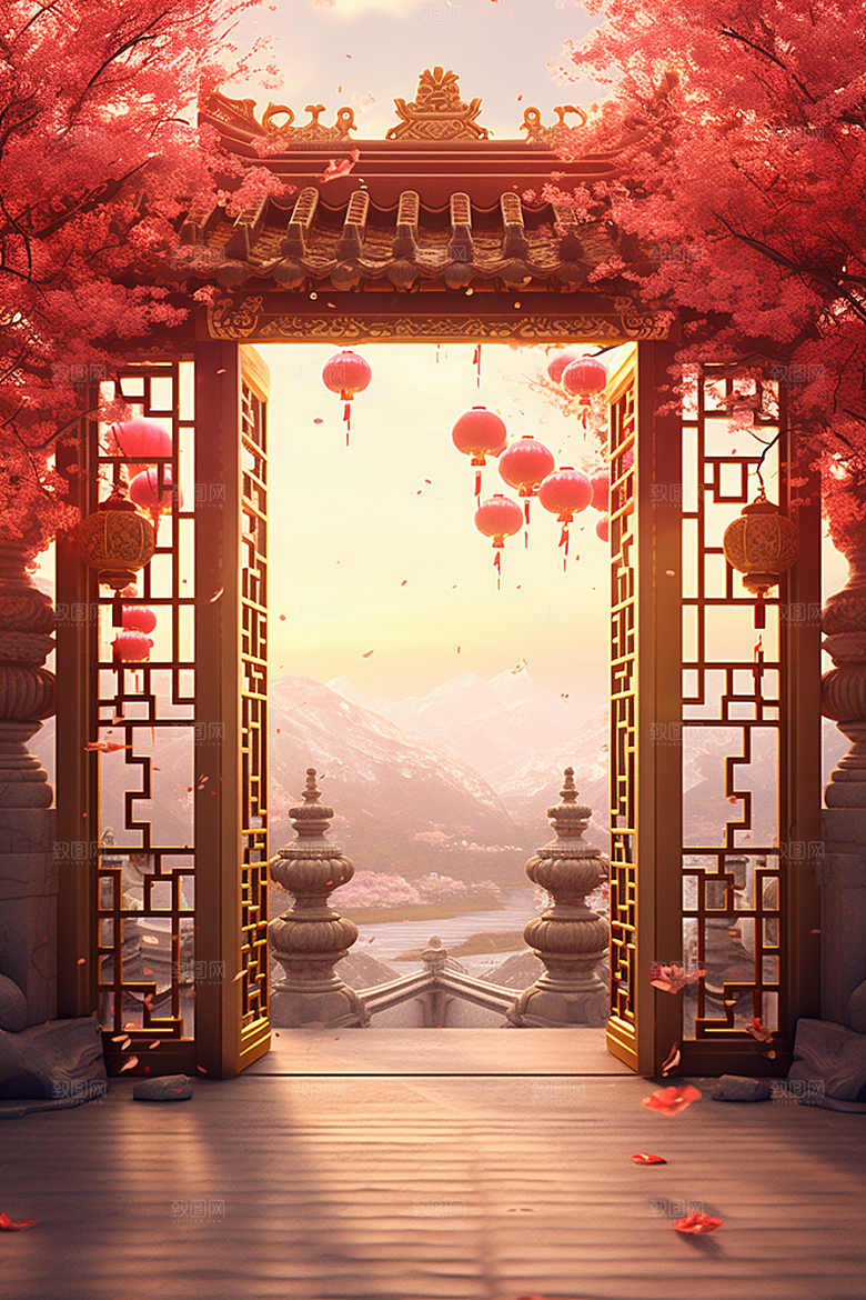 中式传统门楼促销直播背景图