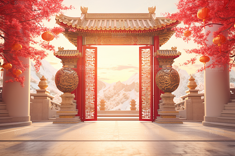 中式传统门楼直播开业背景图