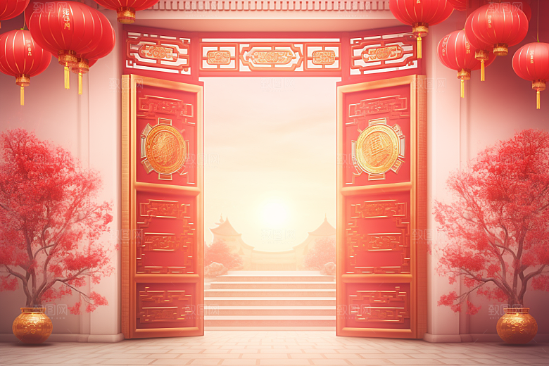 中式传统门楼火热国潮背景图