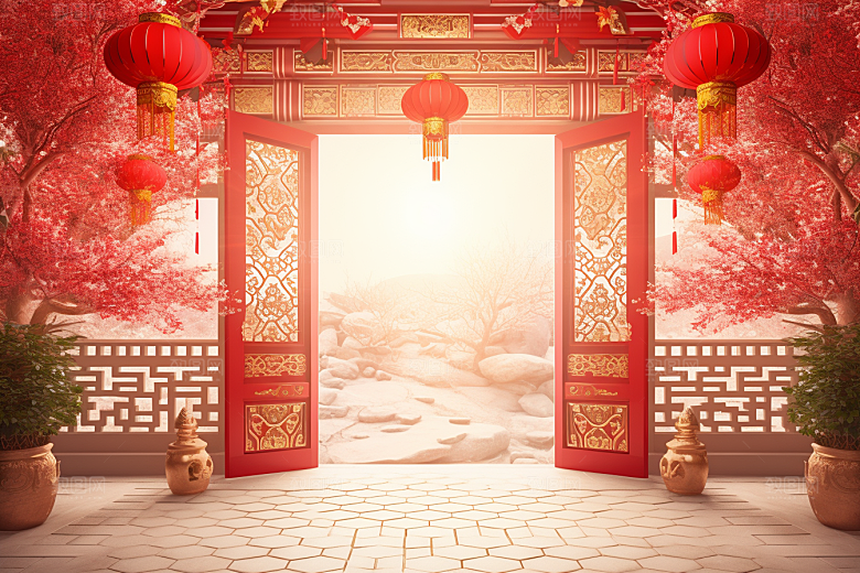 中式传统门楼开业国潮背景图
