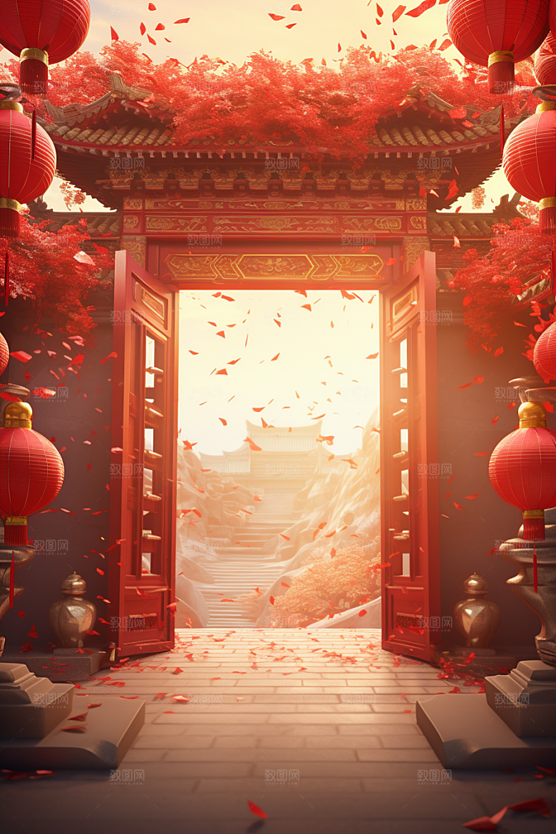 中式传统门楼直播开业背景图