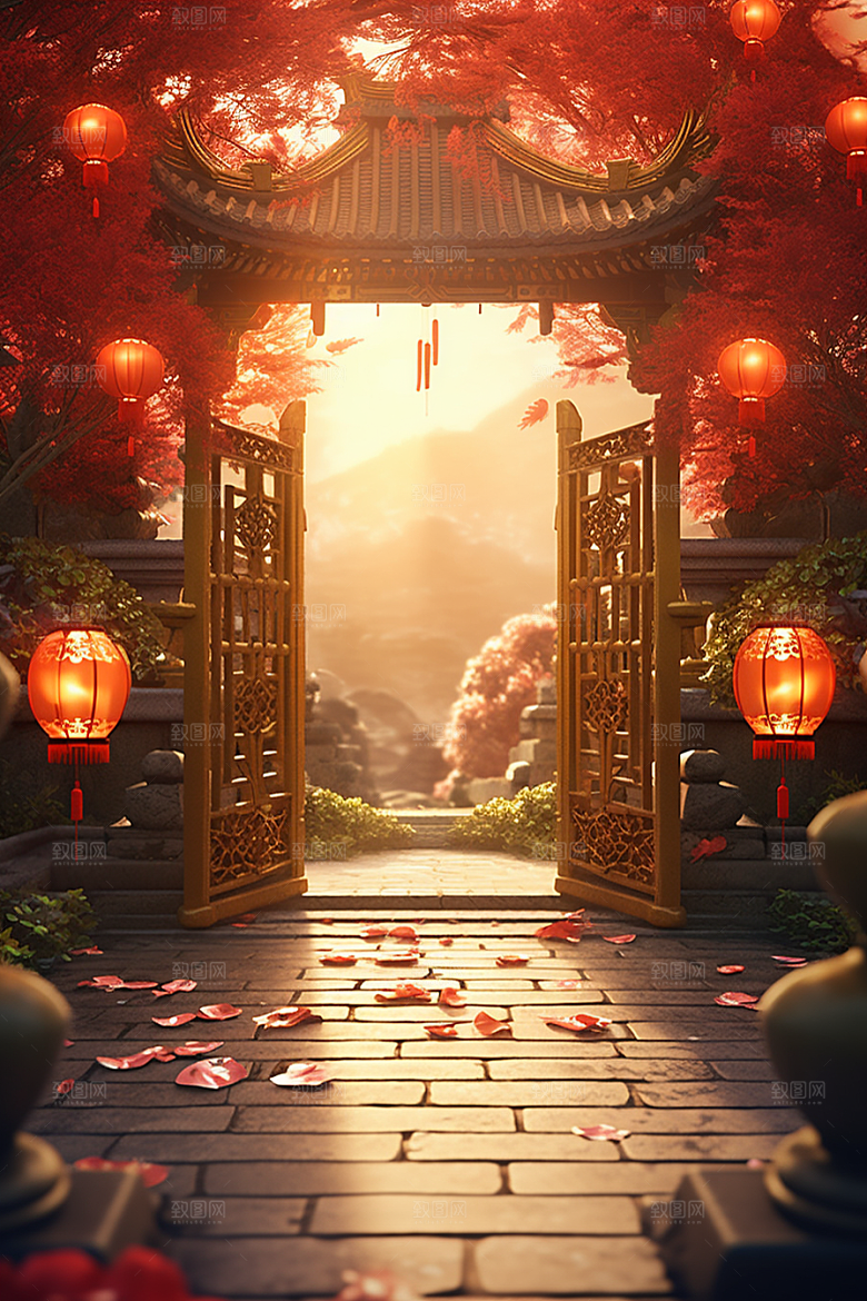 中式传统门楼促销直播背景图