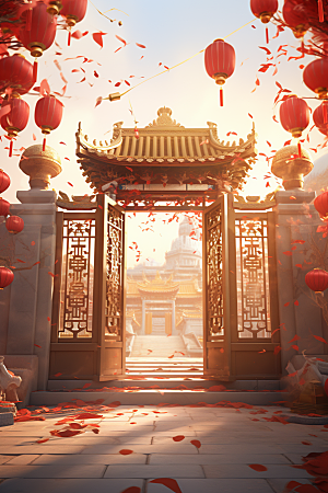 中式传统门楼促销开业大吉背景图