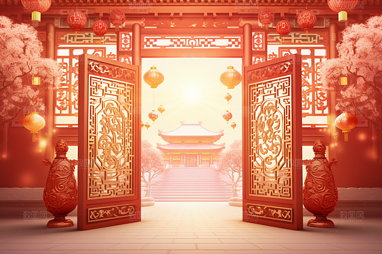 中式传统门楼开业直播背景图