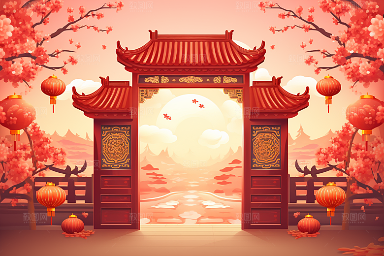 中式传统门楼开业大吉喜庆背景图