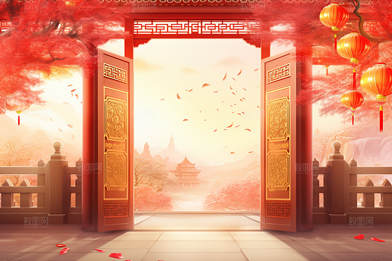 中式传统门楼国潮热卖背景图