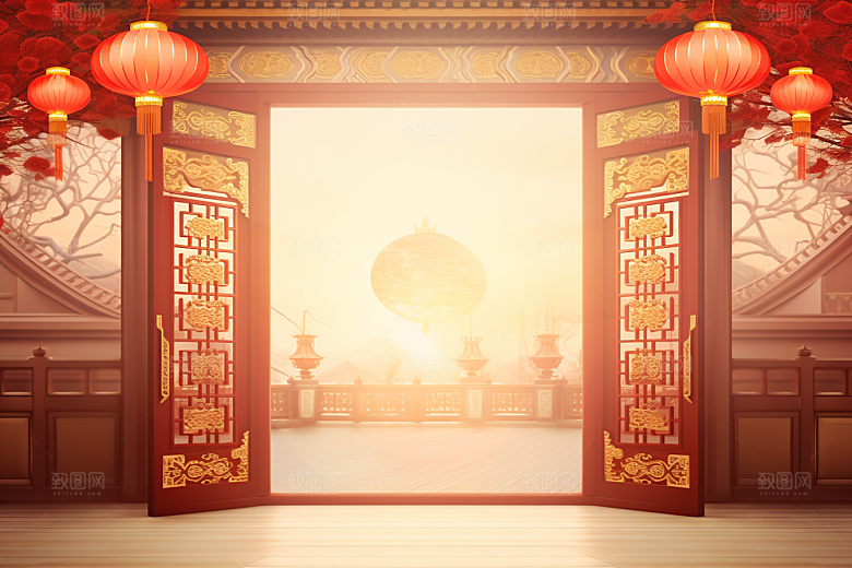 中式传统门楼中国风促销背景图