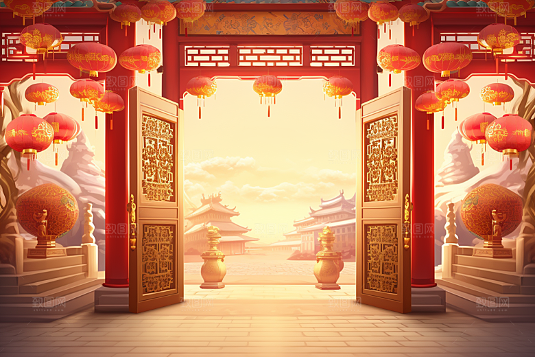 中式传统门楼开业大吉开门红背景图