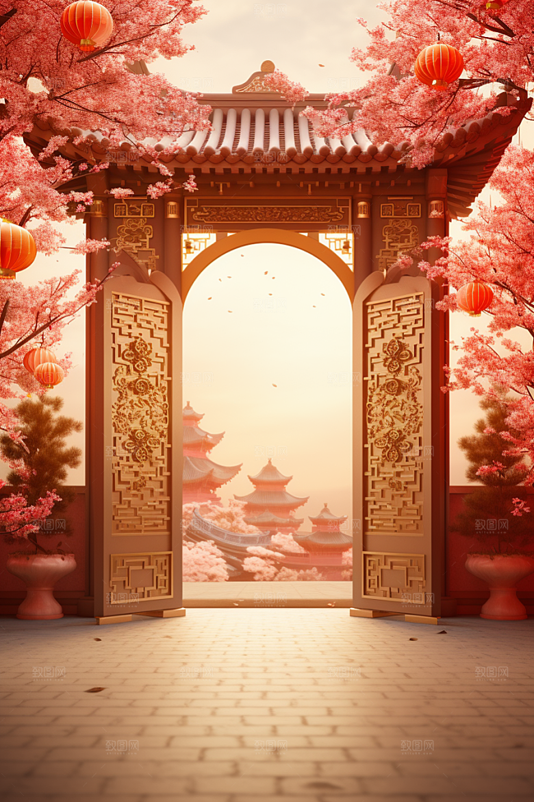 中式传统门楼直播国潮背景图