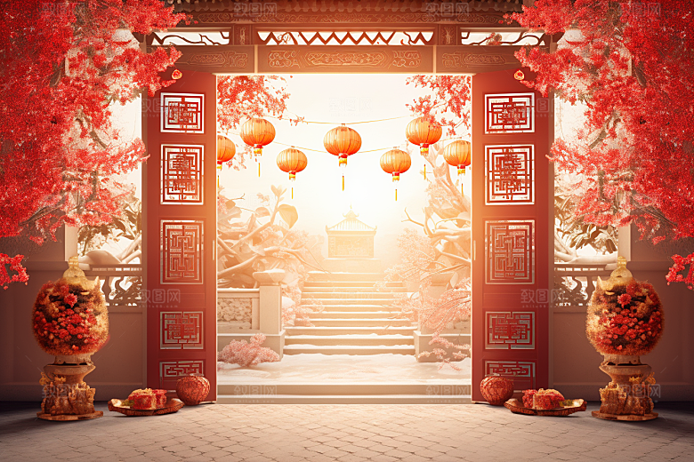中式传统门楼开业喜庆背景图