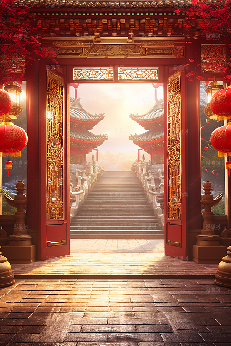 中式传统门楼开业大吉开业背景图