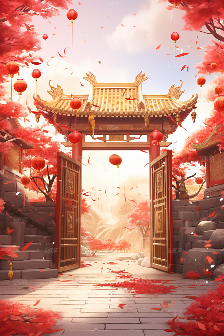 中式传统门楼开业大吉开门红背景图
