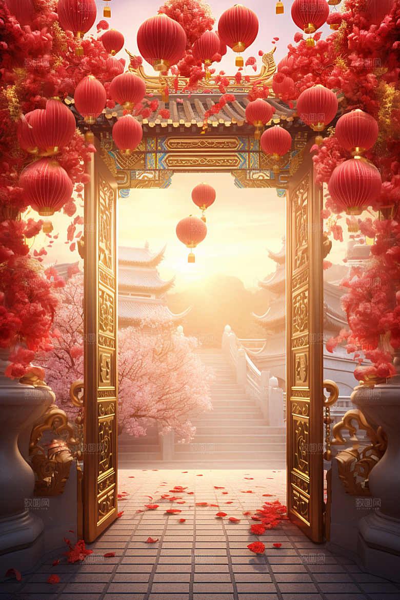 中式传统门楼开业开门红背景图