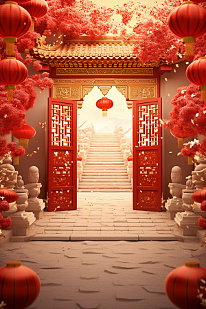 中式传统门楼直播喜庆背景图