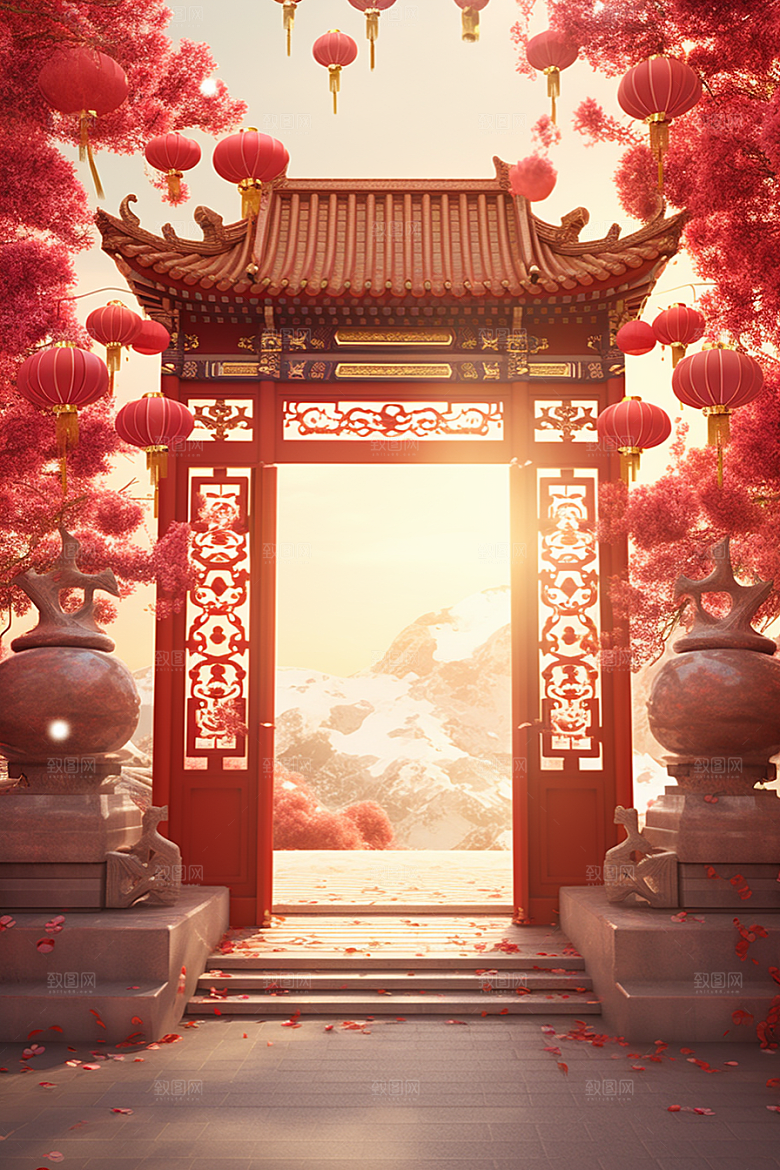 中式传统门楼开业大吉直播背景图