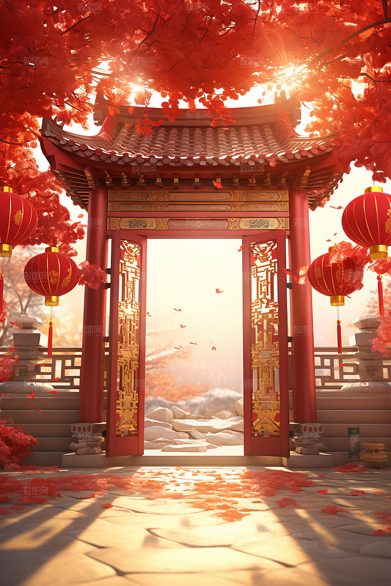 中式传统门楼开业国潮背景图