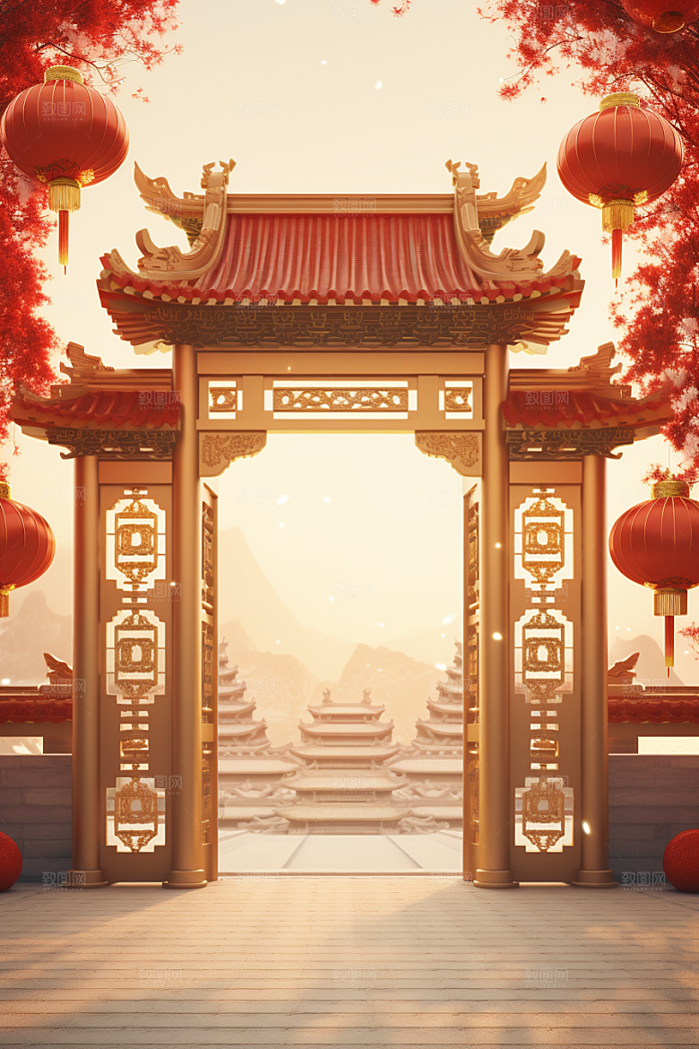 中式传统门楼开门红国潮背景图