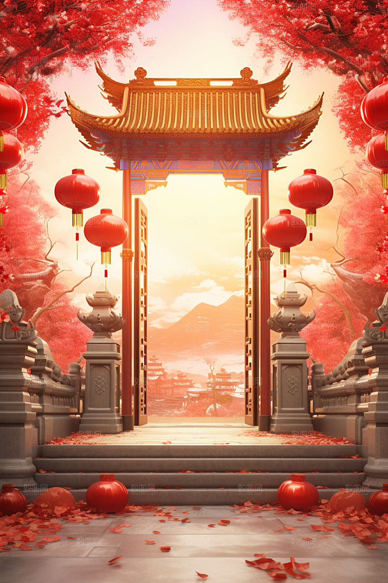 中式传统门楼开业促销背景图