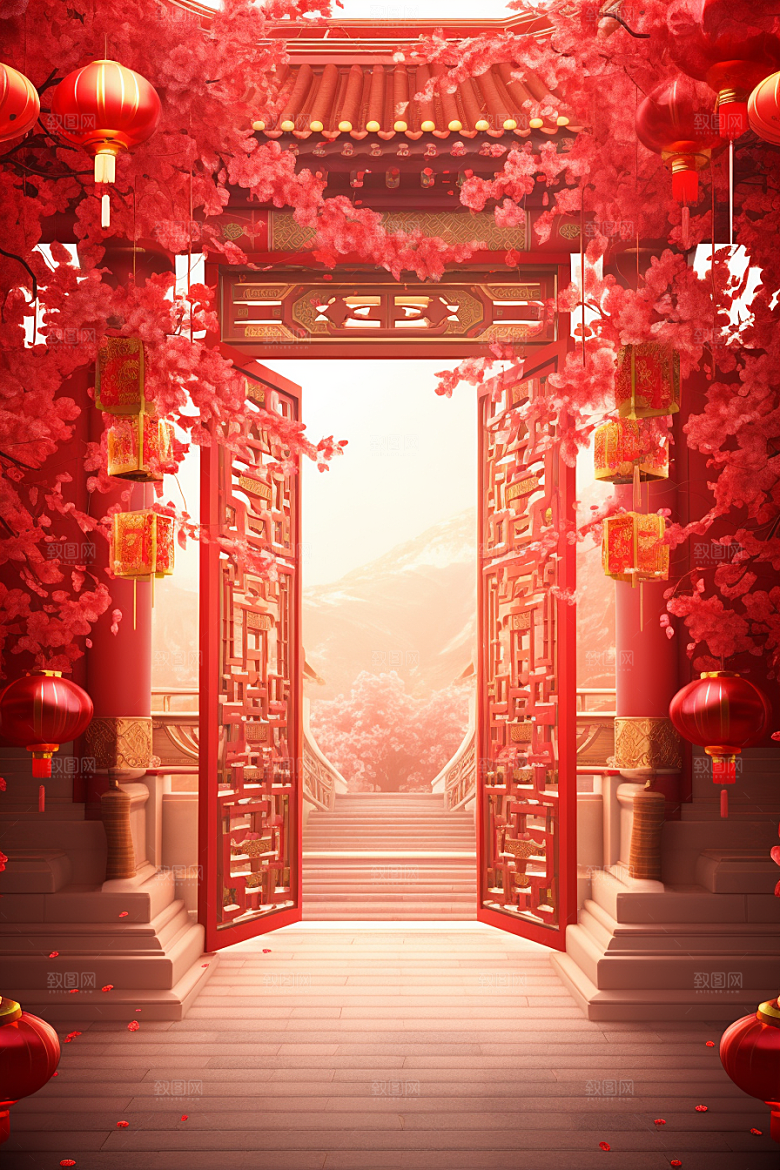 中式传统门楼中国风火热背景图