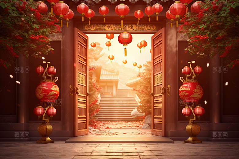 中式传统门楼国潮开业大吉背景图