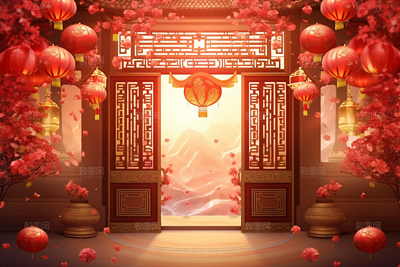 中式传统门楼开业喜庆背景图