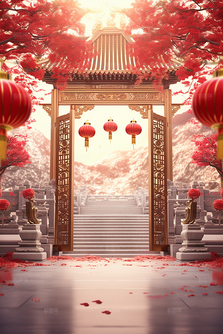 中式传统门楼火热开业大吉背景图