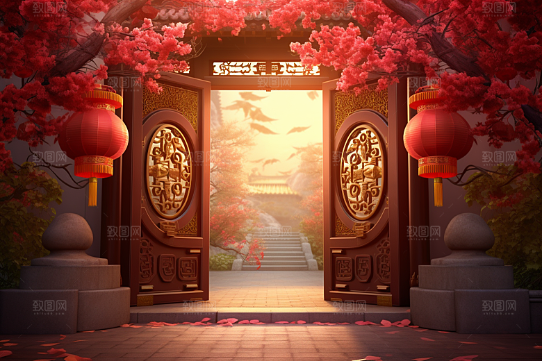 中式传统门楼促销开门红背景图
