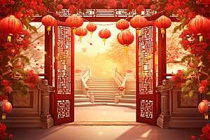 中式传统门楼火热喜庆背景图