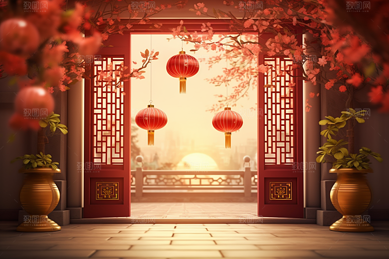 中式传统门楼开业大吉喜庆背景图