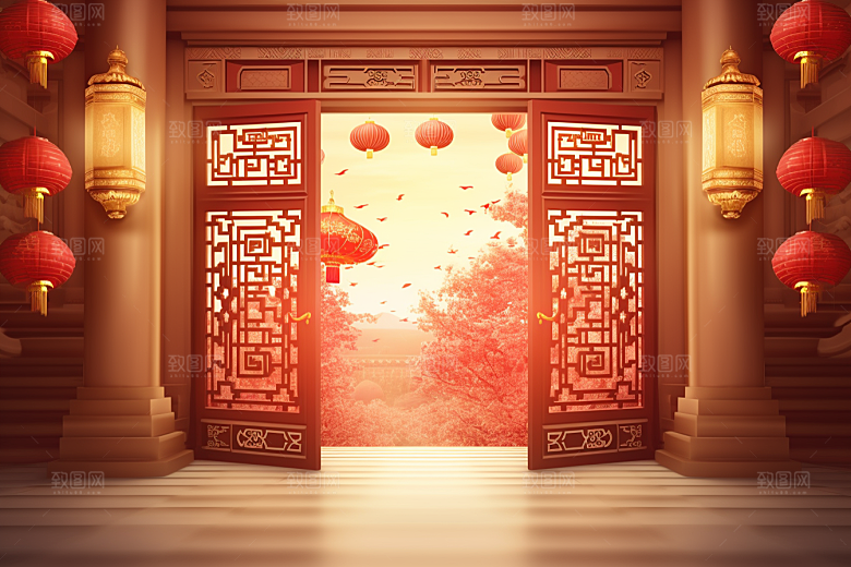 中式传统门楼火热直播背景图