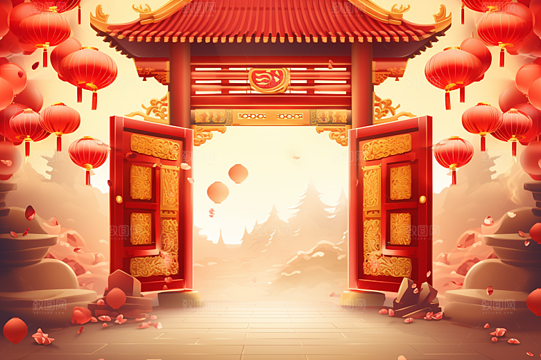 中式传统门楼开门红直播背景图