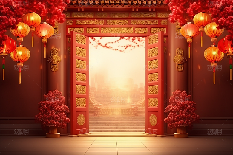 中式传统门楼开门红开业大吉背景图