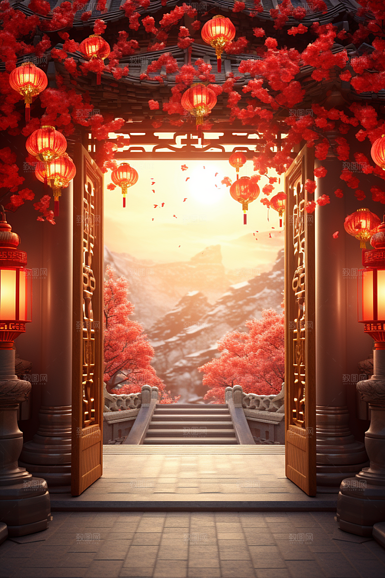 中式传统门楼开门红开业大吉背景图