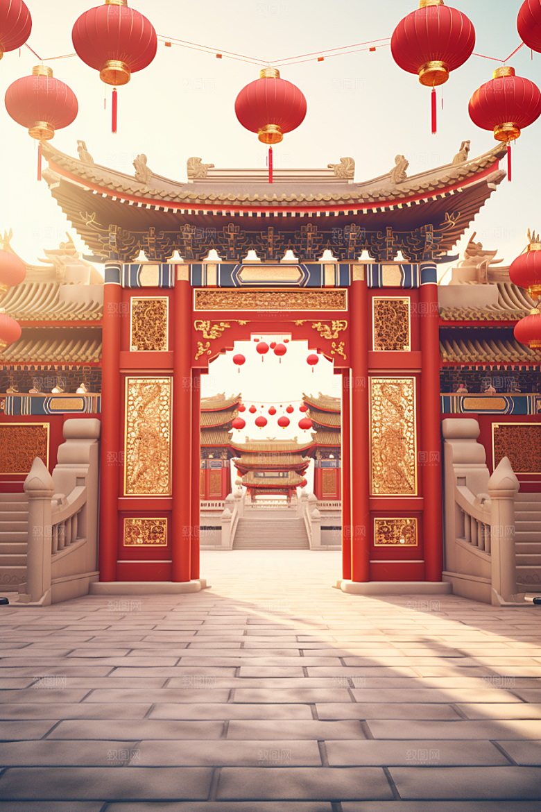 中式传统门楼喜庆直播背景图