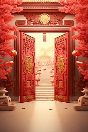 中式传统门楼开业大吉火热背景图