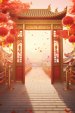 中式传统门楼火热国潮背景图