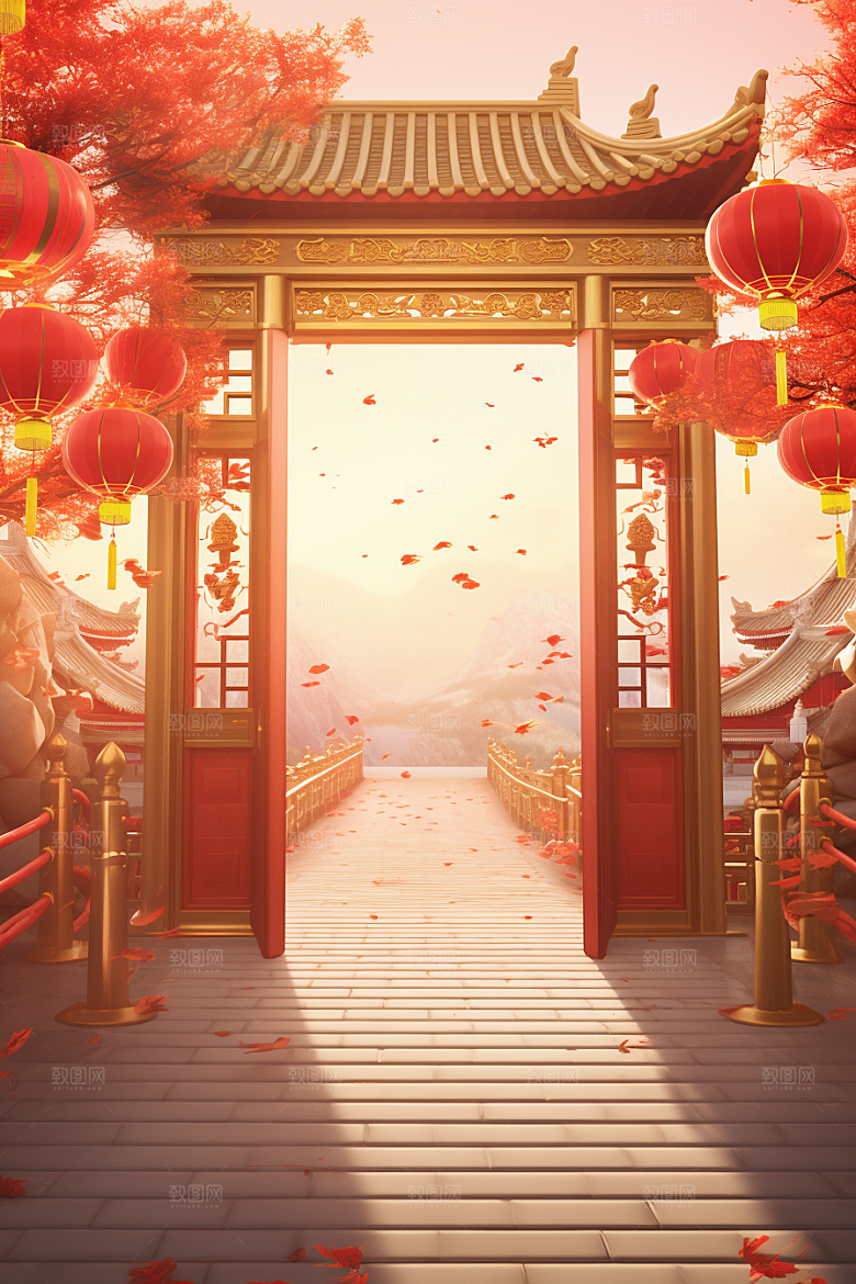 中式传统门楼火热国潮背景图